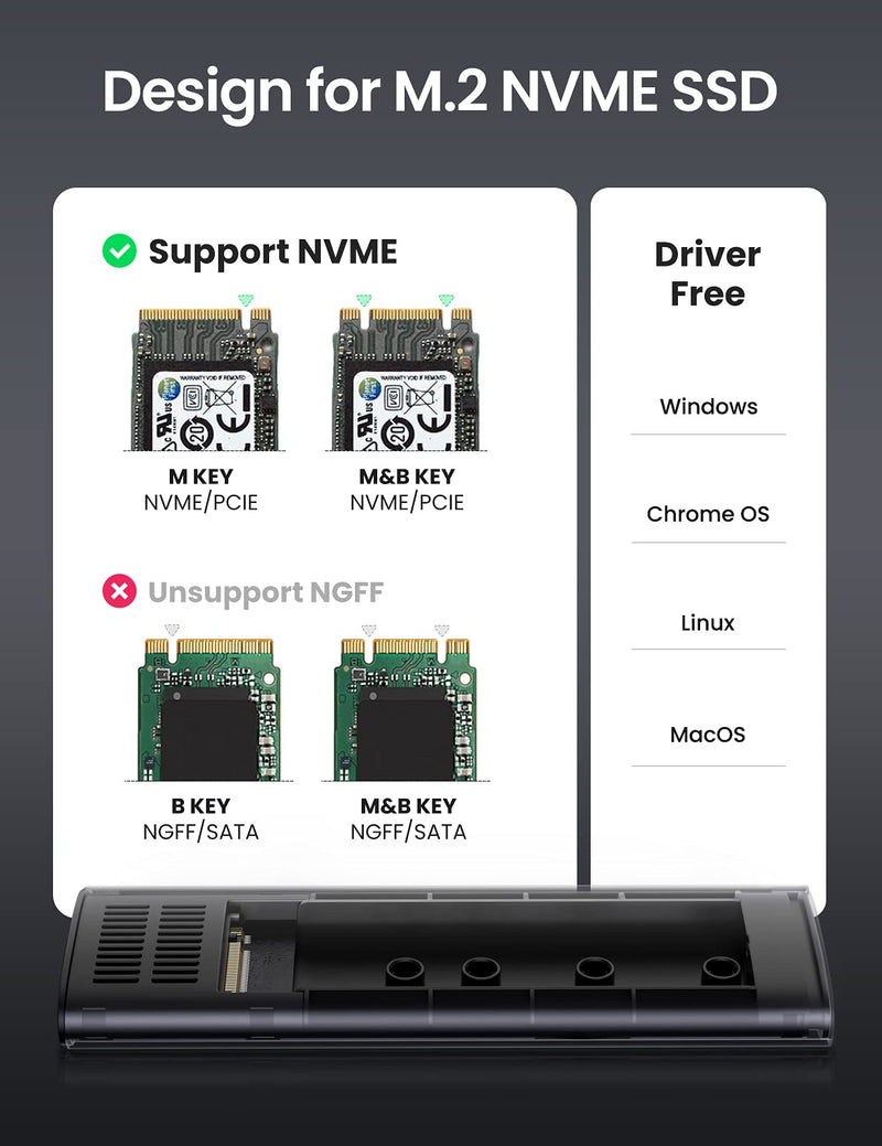 UGREEN M.2 NVMe SSD Enclosure Adapter Aluminum 10 Gbps USB C 3.1 Gen 2 to NVMe PCIe M-Key Solid State Drive External Enclosure Compatible with MacBook Pro WD Samsung Toshiba 2230 2242 2260 2280