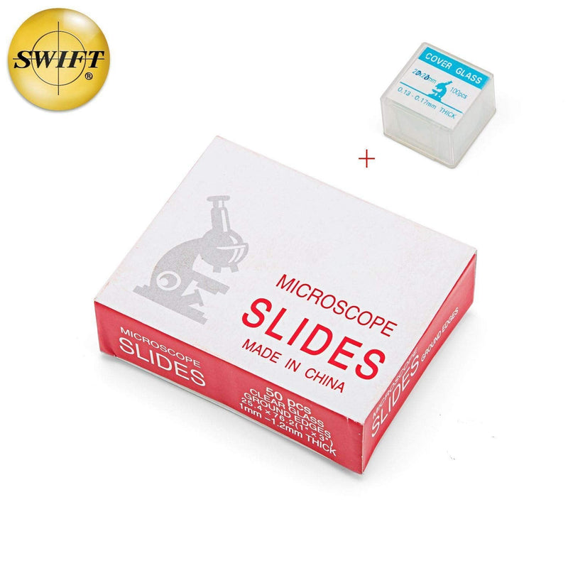 SWIFT Microscope Slides Kit with 50 Pre-Cleaned Blank Slides and 100 Glass Coverslips for Monocular Binocular Trinocular Microscopes BS50CB