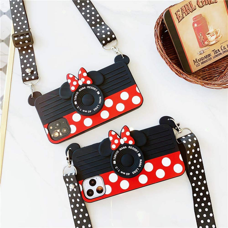 MC Fashion iPhone 12 Mini Case, Cute 3D Minnie Mouse Camera Case with Polka Dots Lanyard, Shockproof Protective Soft Silicone Case for iPhone 12 Mini 5.4 inch 2020