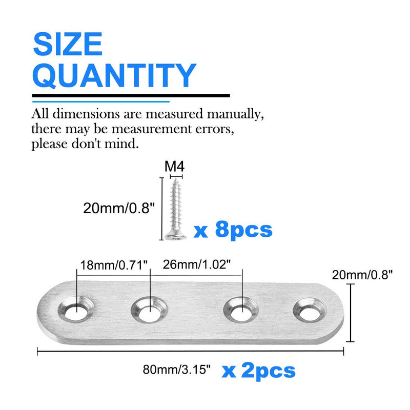 uxcell 2pcs Straight Bracket Stainless Steel 80mm Flat Brace Fastener Brackets Corner Protector Support with Screws for Furniture Silver Tone