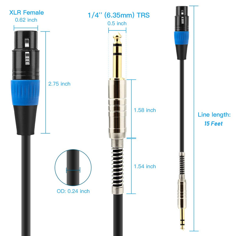 [AUSTRALIA] - XLR Female to 1/4 Inch 6.35mm TRS Plug Balanced Interconnect Cable, XLR to Quarter inch Cable, 15 Feet, for Microphone,Mixer,Guitar,AMP,Speakers - JOLGOO 