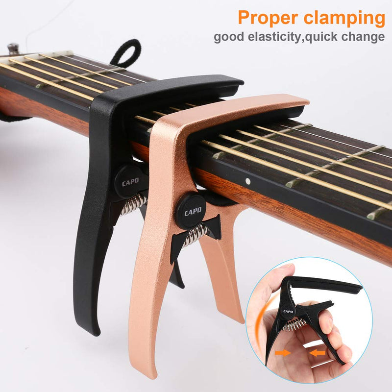 Capo, Guitar Capo Professional for Acoustic and Electric Guitars, 2 Pack capos with 2 Picks, Necessary Guitar Clamps for beginners and professioners Black & Gold