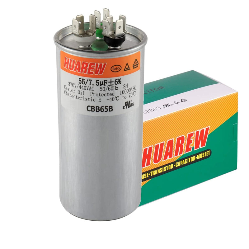 HUAREW 55+7.5 uF ±6% 55 7.5 MFD 370/440 VAC CBB65 Dual Run Start Round Capacitor for Condenser Straight Cool or Heat Pump Air Conditioner or AC Motor and Fan Starting