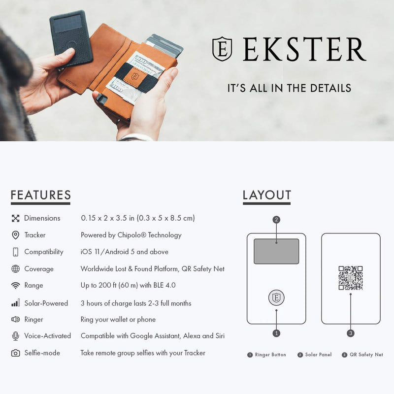 Ekster: Tracker Card - Solar Powered Wallet Tracker- GPS and Bluetooth - Two-Way Ringer