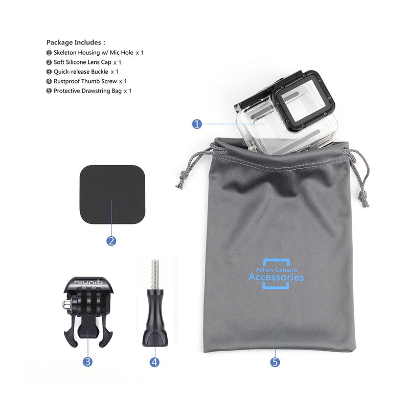 Side Open Skeleton Housing Case for GoPro Hero 5/6 Black Action Camera - Protective Lens Removal NOT Needed - Transparent Clear