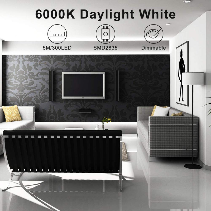 [AUSTRALIA] - LED Strip Lights with Dimmer Metaku Waterproof Dimmable Tape Lighting Kits 16.4ft SMD 3528 Flexible Bias Ribbon Lighting with 12V Power Adapter for Home Kitchen Cabinet Mirror Bed (Daylight White) Daylight White 