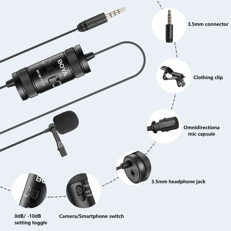 BOYA by-M1 Pro II Lavalier Microphone Noise Cancelling Omnidirectional Mic with Monitoring Port for YouTube Tiktok Interview Broadcast Content Creation