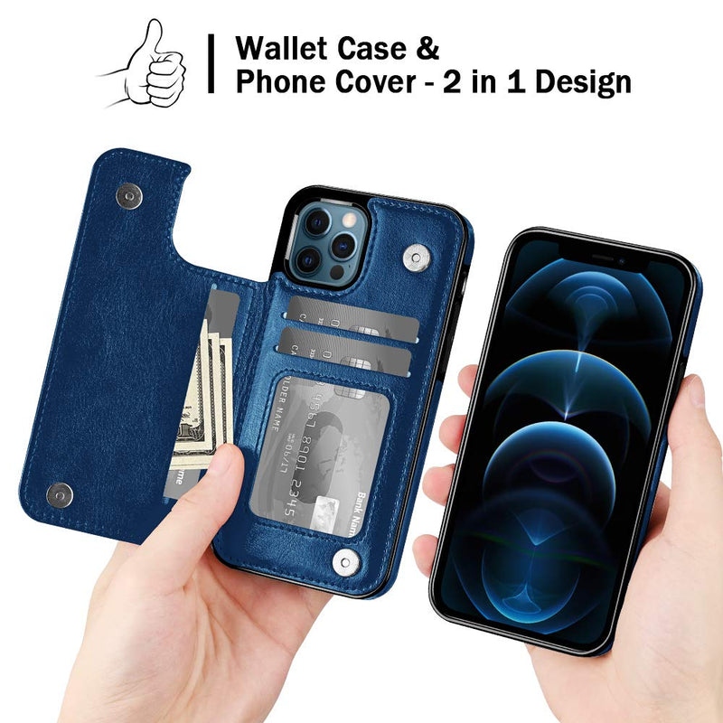 iPhone 12 Pro Case Wallet 3 Credit Cards Slot iPhone 12 Cases Cash Pocket Magnetic Closure PU Leather Cover ID Card Holder Soft TPU Bumper Folio Flip Phone Case for iPhone 12/12 Pro 6.1'' Blue