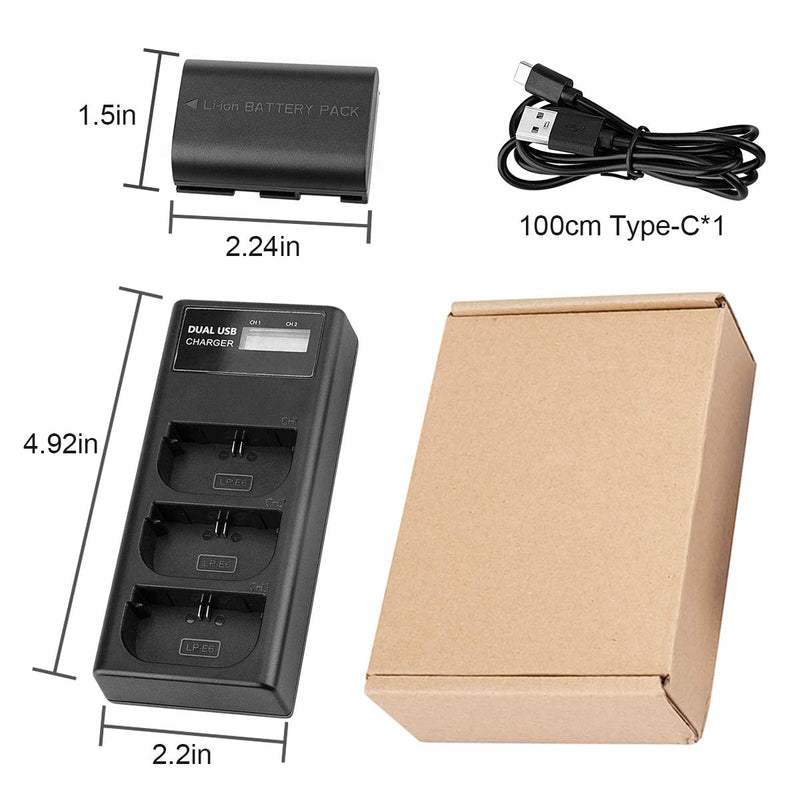 LP-E6 LP E6N Battery Charger Pack, LP 3-Pack Battery & Triple Slot Charger Compatible with Canon EOS 90D, 80D, 70D, 60D, 60DA, 7D Mark II, 7D, 6D Mark II, 6D, 5D Mark IV, 5D Mark III, 5D Mark II, R,R5 3 Batteries and Charger