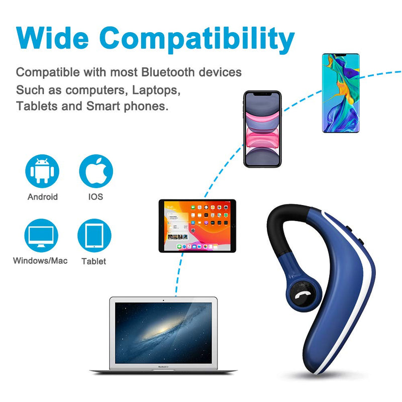 Bluetooth Headset V5.0 Wireless Bluetooth Earpiece 19 Hrs Talktime, 200 Hrs Standby Time Hands-Free Earphones with Waterproof, Noise Cancellation for Driving Compatible with iPhone and Android (Blue) Blue