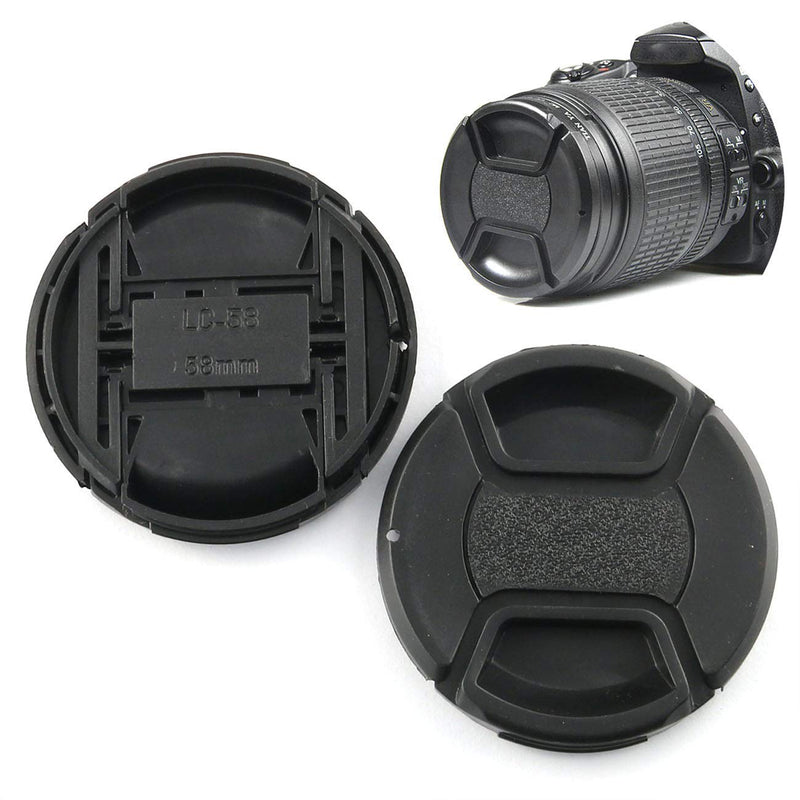 LRONG 2pcs 58mm Camera Lens Protective Cap Snap-On Center-Pinch Lens Cap with Fixing Strap