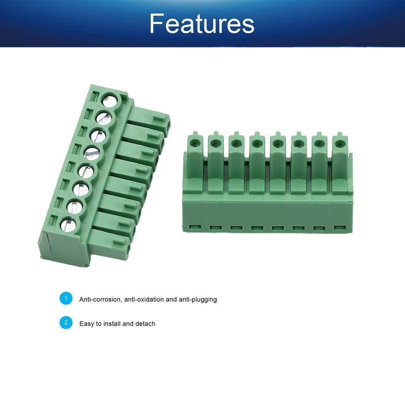 Fielect 5Pcs 3.5mm Pitch 8P PCB Screw Terminal Block Connector 300V 8A Pluggable Teminal Blocks Connector Green 8 Pin