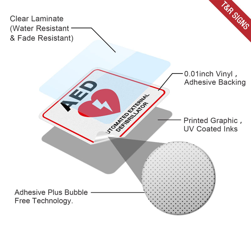 T&R AED Stickers - 10 Pack - 5 x 5 Inches Reflective Label, UV resistant, waterproof, fade and scratch resistant, suitable for indoor and outdoor 5” X 5“ AED Stickers - 10 Pack