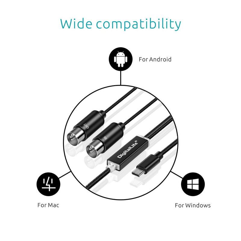 DigitalLife USB-C MIDI Cable Compatible for Windows 10 and macOS Catalina [MD1002]
