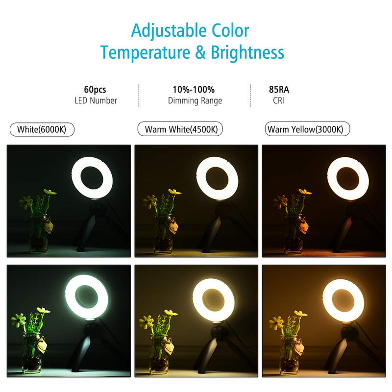 Docooler 4.6 Inch LED Ring Light with Tripod Stand 3 Light Modes & Dimmable Brightness with Mini Selfie Ringlight for Vlog YouTube Photo Studio Live Streaming Video Portrait Makeup Photography