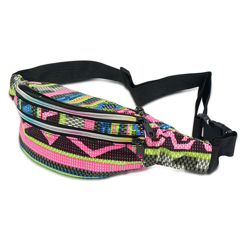 Face1st 3 Zippered Bohemian Fanny Pack Multi Strip Pattern Festival Bum Bags Lightweight Retro Travel Hiking Waist Bag (Bohemian Pink Green)