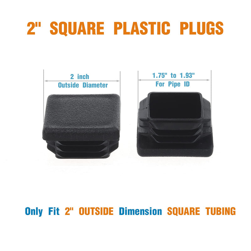 2 Inch Square Plastic Plug, End Caps for Tubing Pipe OD 2" x 2" (not ID), Steel Chair Leg End Caps, Bar Stool Glides Inserts, Fence Plugs, Furniture or Fitness Equipment End Caps (12 Packs) 2 Inch