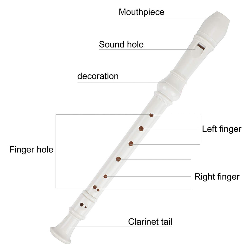 Soprano Recorder Descant Flauta Recorder 8 Hole ABS Clarinet German Style Treble flute C Key for Kids Children With Fingering Chart Instructions with Cleaning Rod Bag white