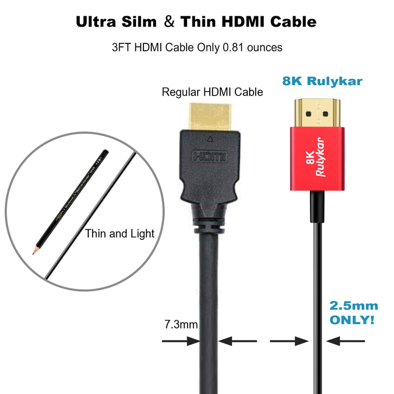 8K HDMI 2.1 Cable, Ultra High Speed 48Gbps, Rulykar Ultra Thin HDMI Φ2.5mm, 8K@60Hz, 4K@120Hz, Dynamic HDR, eARC, Dolby Vision, Compatible with GH5S, Atomos, NS, 8KUHD TV, PS5, Xbox One (3.0 ft) 3.0 ft/ 1.0 m