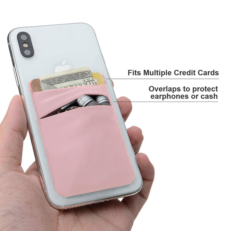 SHANSHUI Card Holder for Back of Phone, Adhesive Stretchy Fabric Lycra Double Slots Credit Card Sleeves Stick On Wallet Pocket Compatible with iPhone and Most Smartphones(Black&Pink) Black Pink(2pcs)