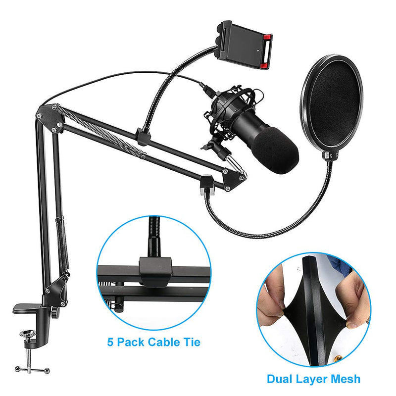 Microphone Arm Stand Aceshop 9-in-1 Mic Stand Set Adjustable Suspension Boom Scissor Mic Stand with Phone Holder, Heavy Duty Desktop Microphone Stand for Blue Yeti Nano Snowball Ice and Other Mics
