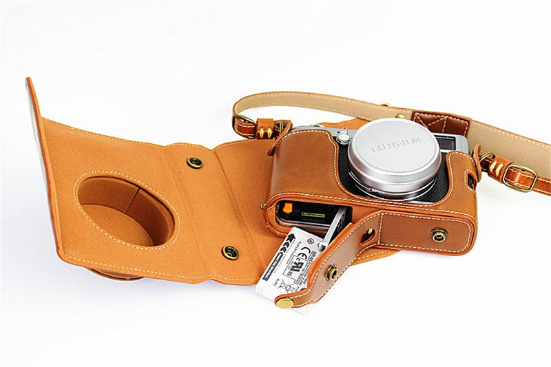 X100 Case, BolinUS Handmade PU Leather Fullbody Camera Case Bag Cover for Fujifilm Fuji X100 X100S X100T Bottom Opening Version + Neck Strap -Brown Brown