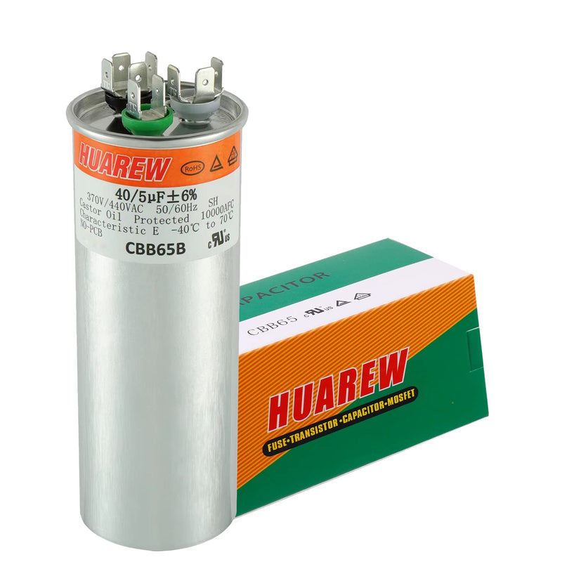HUAREW 40+5 uF ±6% 40/5 MFD 370/440 VAC CBB65 Dual Run Start Round Capacitor for Condenser Straight Cool or Heat Pump Air Conditioner or AC Motor and Fan Starting