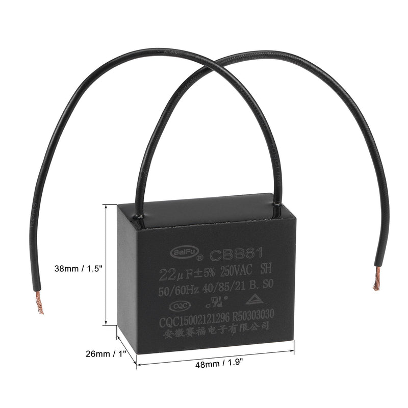 uxcell Ceiling Fan Capacitor CBB61 22uF 250V AC 2 Wires Metallized Polypropylene Film Capacitor 48x38x26mm for Electric Fan Pump Motor Generator 2Pcs