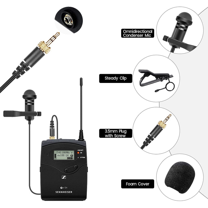 [AUSTRALIA] - Lavalier Microphone Compatible with Sennheiser Wireless Bodypack Transmitter, Omnidirectional Condenser Lapel Mic 3.5mm with Screw Lock, 5ft 