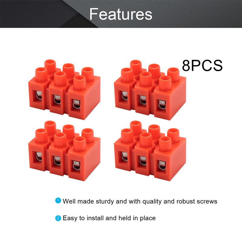 Bettomshin Terminal Block,Dual Row 3 Positions 600V 36A Screw Terminal Electric Barrier Strip Block Red,H2519-3 8Pcs