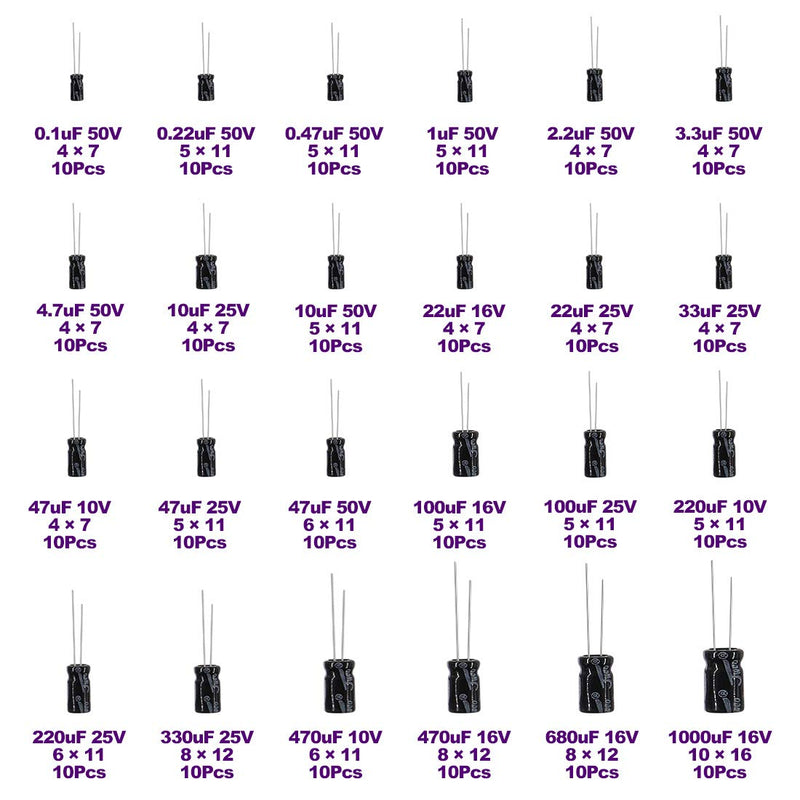 Swpeet 240Pcs 24 Kinds Different Electrolytic Capacitors Range 0.1uF－1000uF Assortment Kit, 10V/16V/25V/50V Aluminum Radial Electrolytic Capacitors for TV, LCD Monitor, Radio, Stereo, Game