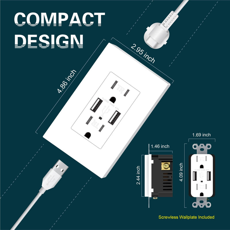 [AUSTRALIA] - TOPELER 2Pack USB Wall Outlet, 4.8A High Speed USB Ports with Smart Chip, 15A Tamper Resistant Electrical Receptacle Socket, Screwless Wall Plate Included, UL & FCC Approved White 