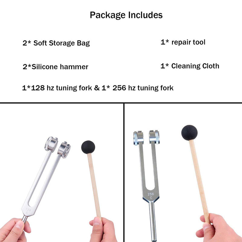 QIYUN Tuning Fork, 128 Hz Tuning Fork Medical Healing Instrument Aluminum with 256 Hz and A Repair Tool/Human biofield Diapason Chakra/Stress Reliever/Cleaning and Cloth Soft Bag 256hz And 128hz