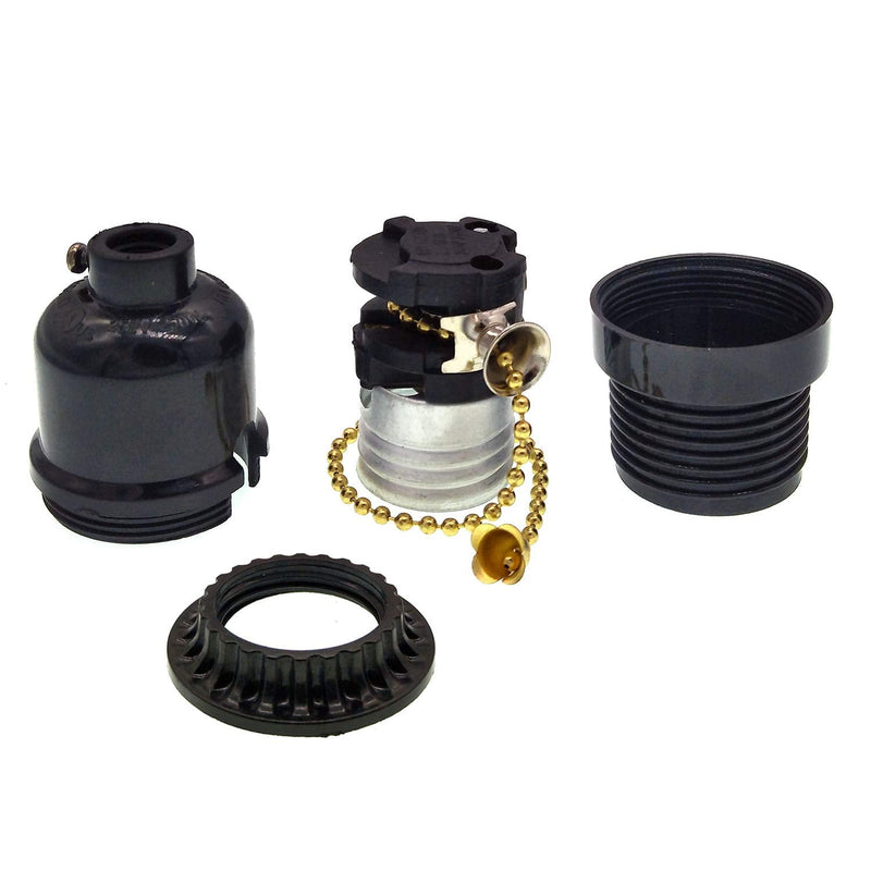 Phenolic Medium Base Light Socket with Pull Chain Switch,3 Pack TWDRTDD Black Period Style E26 E27 Edison Retro Pendant Lamp Holder (Full Uno Thread and Ring)