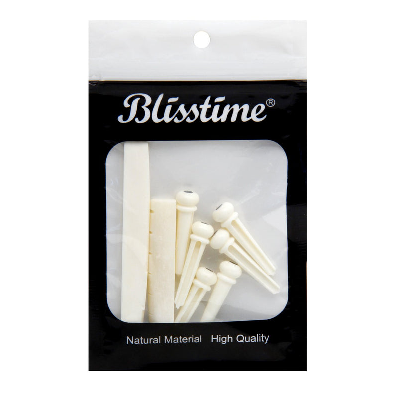 Blisstime 6 String Acoustic Guitar Bone Bridge Saddle and Nut and 6pcs Guitar Bone Bridge Pins Made of Real Bone