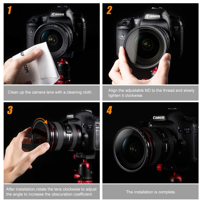 K&F Concept 49mm Slim HD Multi-Coated Variable ND Neutral Density Adjustable ND2 ND4 ND8 to ND400 Lens Filter + Lens Cleaning Cloth for Cameras Lens
