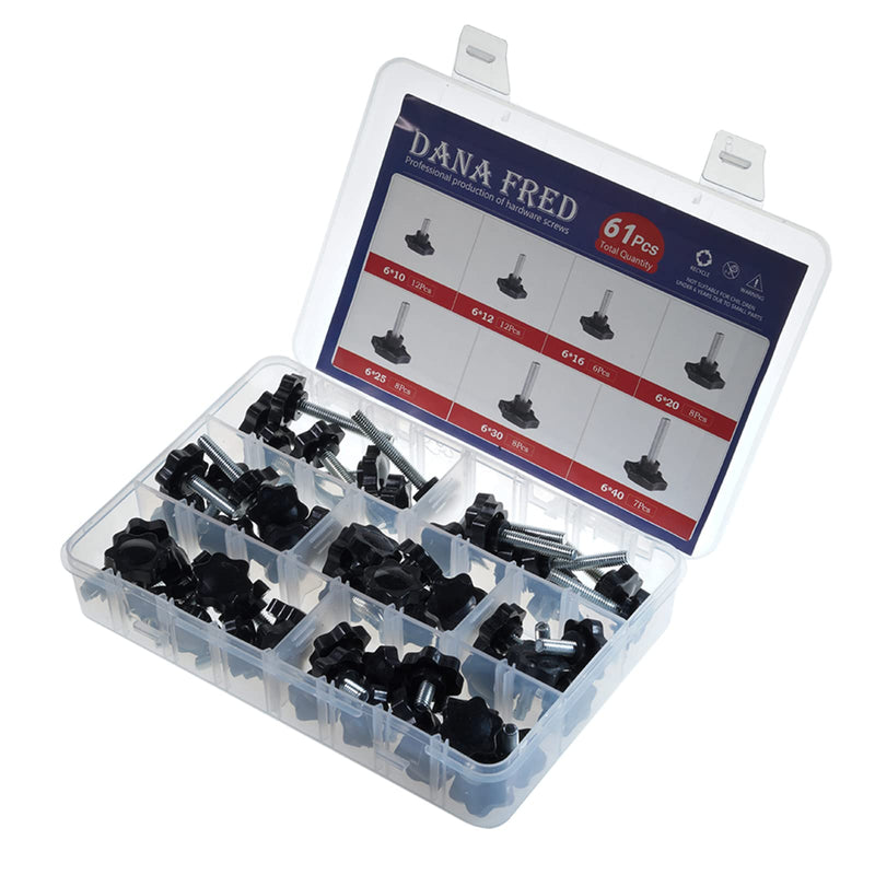 [AUSTRALIA] - M6 Nylon Black Plastic Replacement Star Hand Knobs with Steel Tightening Screws Standard Metric Handle Thread Stud Bolt Hardware 10mm 12mm 16mm 20mm 25mm 30mm 40mm 61pcs 