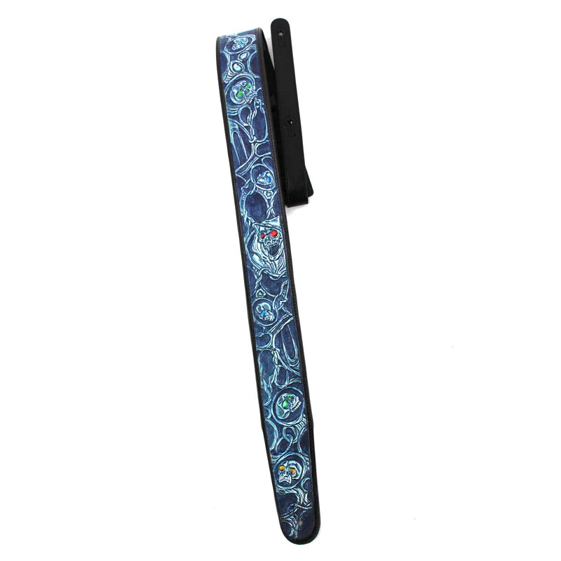 Walker & Williams KH-09-BLU Electric Blue Barbed Skulls In Carved Leather With Padded Back