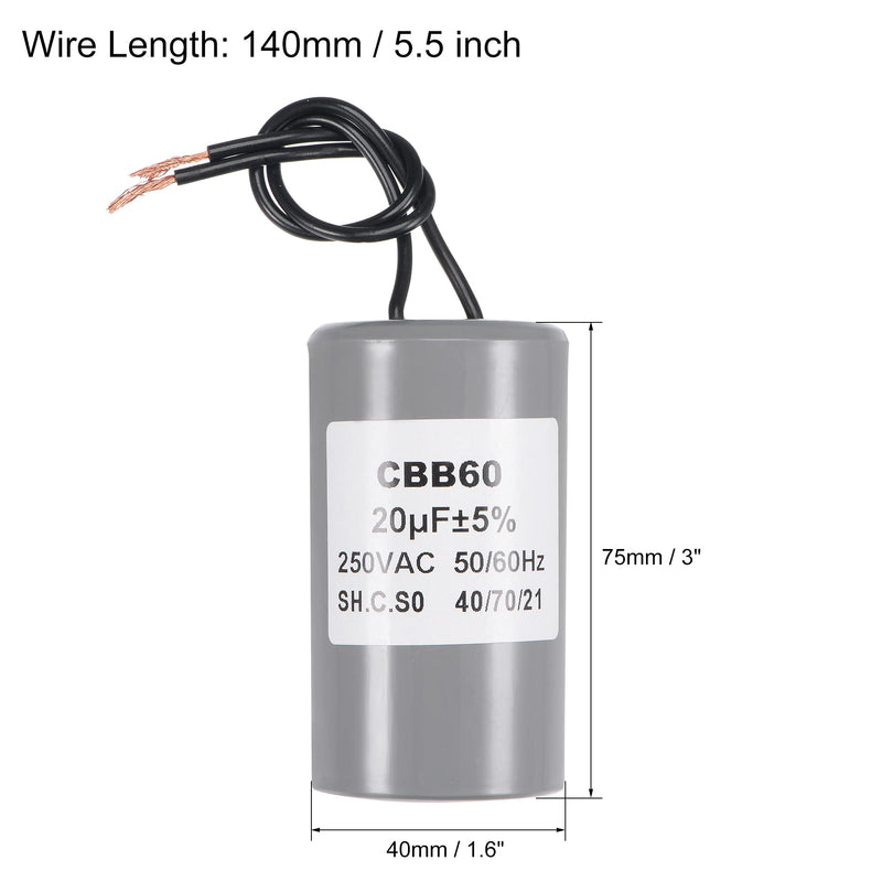 MECCANIXITY CBB60 Run Capacitor 20uF 250V AC 2 Wires 50/60Hz Cylinder 75x40mm for Air Compressor Water Pump Motor