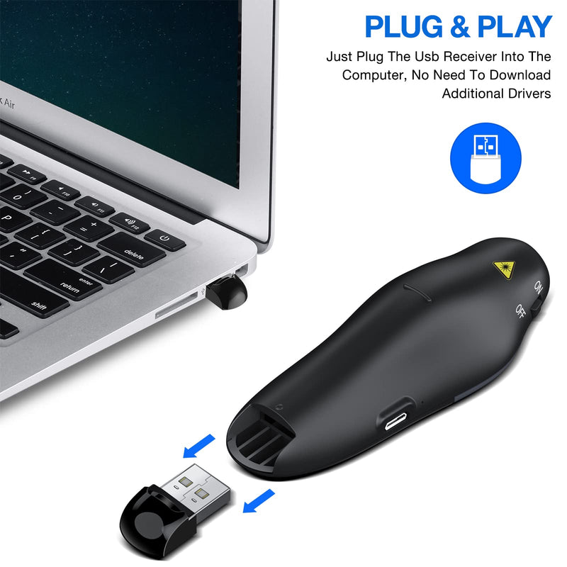 Rechargeable Presentation Clicker Wireless Presenter Remote USB Control Powerpoint PPT Clicker, Red Laser Pointer RF 2.4GHz Presenter Remote Google Slide Advancer for Computer/Laptop/Mac/Keynote Red Light&Rechargeable