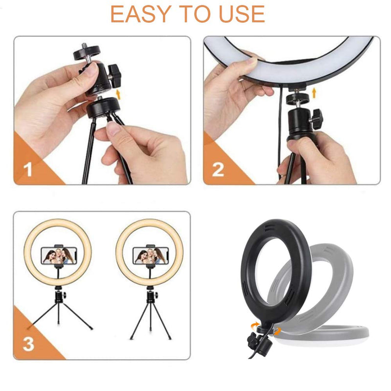 LED 10" Ring Light With Stand and Phone Holder,Desktop Circle Lamp with Tripod Mount For YouTube Video,Live Streaming, Makeup, Photography,Selfie,Shooting with 3 Lighting Modes & 10 Brightness Levels