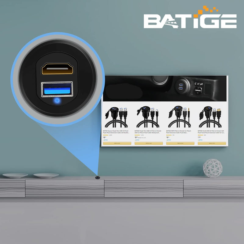 BATIGE USB 3.0 HDMI Car Mount Flush USB Port Cable, Alloy Shell HDMI USB3.0 Dash Panel Extension Cable with LED Indicator for Car Boat Motorcycle -3ft With LED 3ft