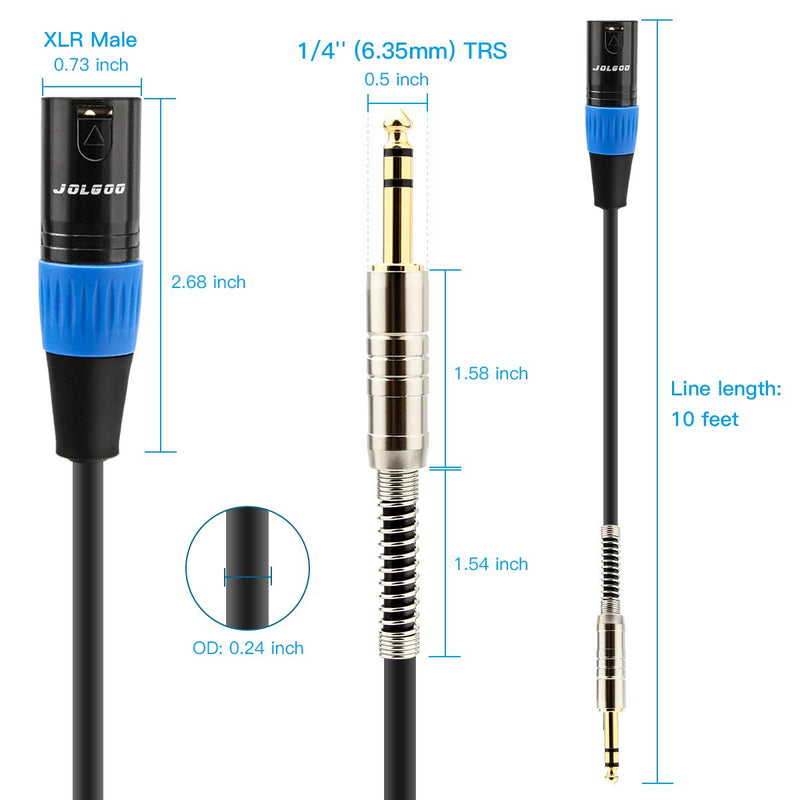 [AUSTRALIA] - 1/4 Inch TRS to XLR Male Cable, Balanced 6.35mm TRS Plug to 3-pin XLR Male, Quarter inch TRS Male to XLR Male Microphone Cable, 10 Feet - JOLGOO 