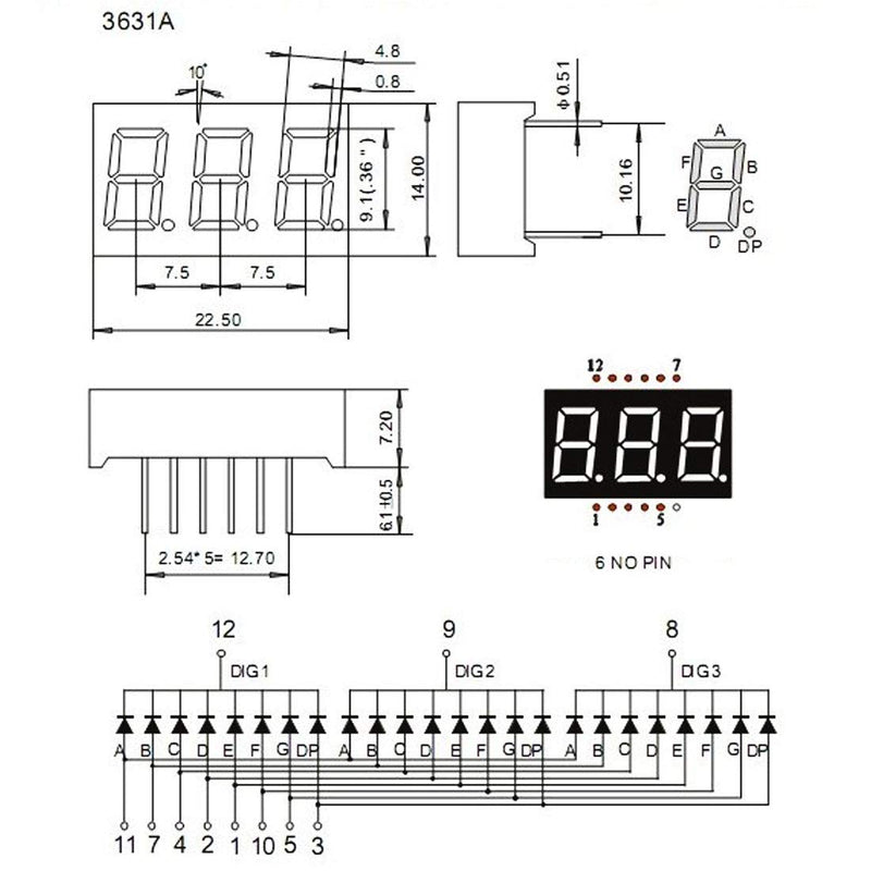 uxcell Common Cathode 11 Pin 3 Bit 7 Segment 0.89 x 0.55 x 0.28 Inch 0.35" Red LED Display Digital Tube 5pcs