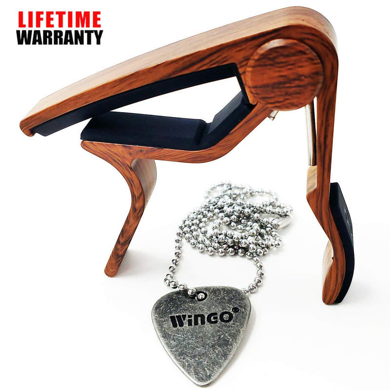 WINGO Quick Change Wooden Guitar Capo for Acoustic Guitar, Electric Guitar,Bass,Ukulele- Rosewood with Unique Metal Pick Necklace.