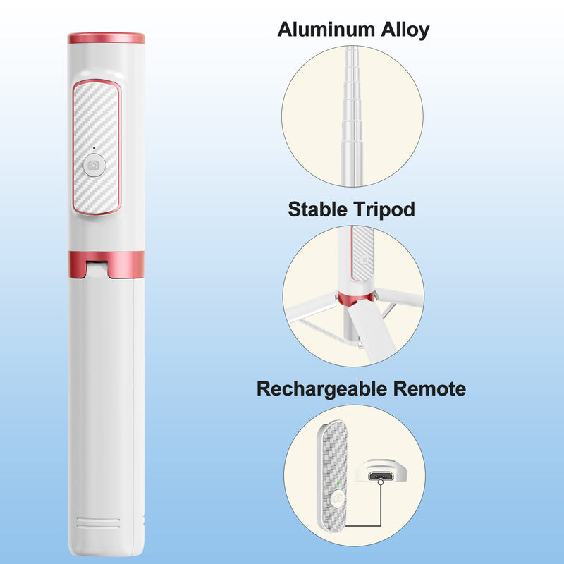 COLOR LIZARD Selfie Stick Tripod, 33" Selfie Stick Tripod with Remote, Aluminum Alloy Phone Tripod, Foldable Travel Tripod Stand 270° Rotation Compatible with iPhone/Android Camera - White & Rose Gold