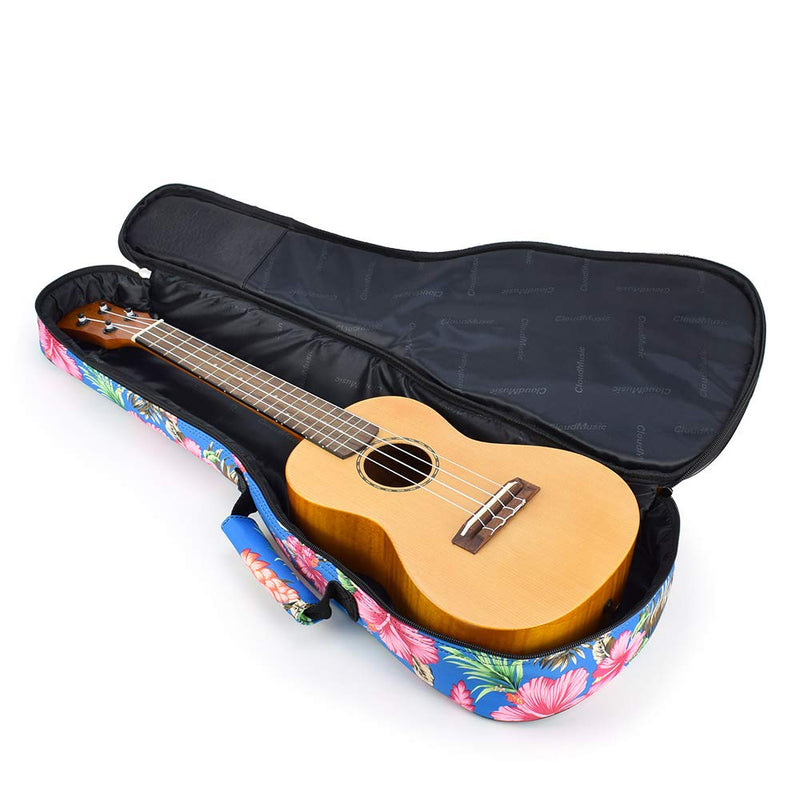 CLOUDMUSIC Hawaiian Hibiscus and Palm Ukulele Case Ukulele Backpack with Black Strap (Soprano, Hawaii Hibiscus and Palm In Light Blue) Soprano