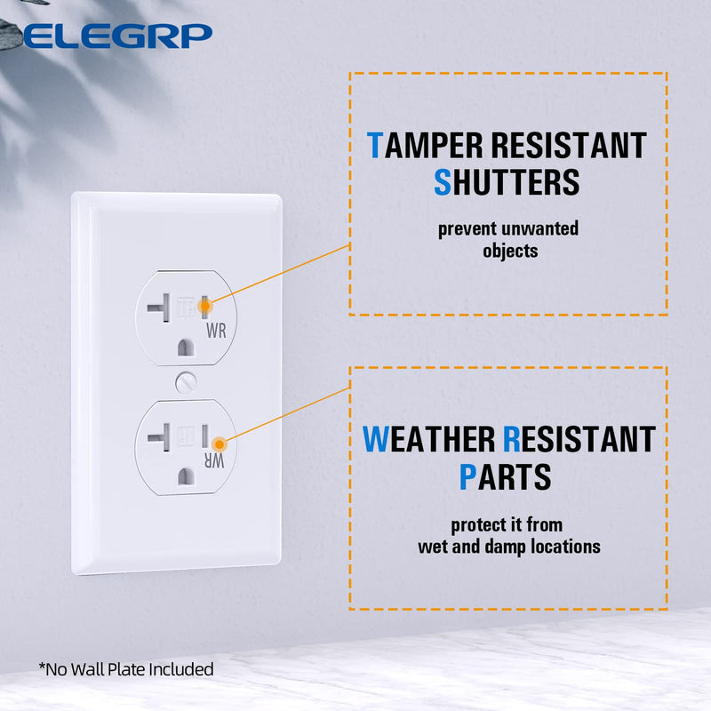 ELEGRP 20 Amp 125V Duplex Receptacle, Standard Electrical Wall Outlet, TR Tamper Resistant and WR Weather Resistant, 2 Pole 3 Wire, Self-Grounding, Residential Grade, UL Listed, Glossy White, 10 Pack Tamper/Weather Resistant