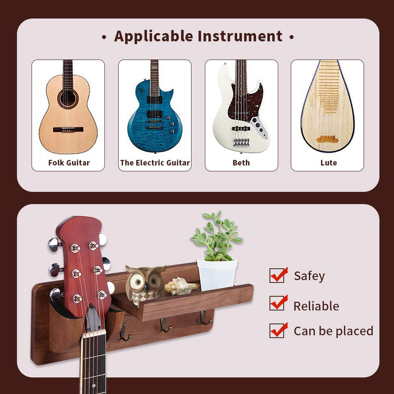 Guitar Wall Hanger Wall Mount Guitar Holder with Storage Shelf and 3 Metal Hook, Guitar Stand, Guitar Wood Hanging Rack for Electric Guitar, Acoustic Guitar, Bass Guitar, Guitar Accessories (Gray)