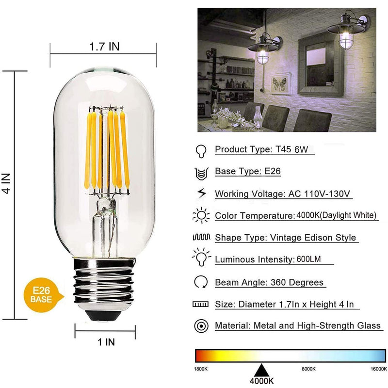 Dimmable Vintage Edison Tubular Bulb T45/T14, 6 Watt LED Light Bulb,E26 Medium Base 4000K Daylight White Filament Lamp 60 Watt Bulb Equivalent,600Lm,Pack of 6 Daylight White/Clear Glass